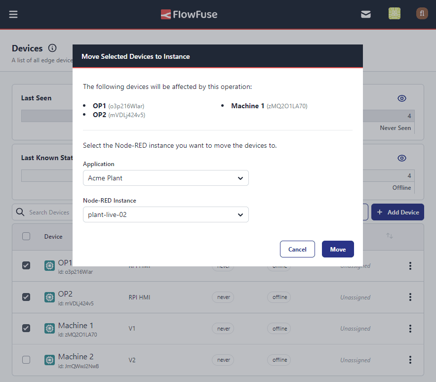 Screenshot to show the new "Move to Instance" and "Move to Application" bulk actions