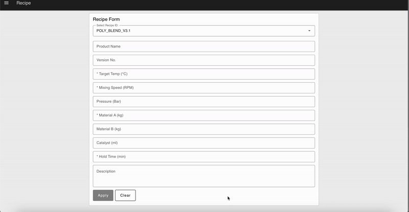 FlowFuse form designed for updating production recipes. The form shows a dropdown for recipe selection, dynamically populates fields with recipe parameters, and allows the user to modify and submit updates.
